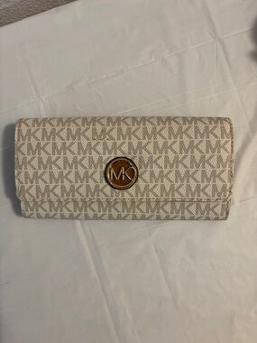 Michael Kors Beige MK Logo Continental Wallet with Gold Emblem
